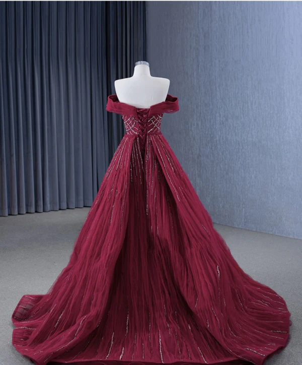 High-end Burgundy Handmade  Beading Evening Dresses 2024 Trumpet / Mermaid Off-The-Shoulder Short Sleeve Backless Court Train Evening Party Formal Dresses