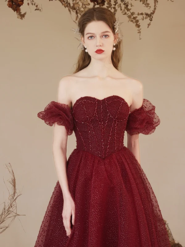 Bling Bling Burgundy Glitter Prom Dresses 2024 A-Line / Princess Off-The-Shoulder Short Sleeve Backless Floor-Length / Long Prom Formal Dresses