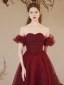 Bling Bling Burgundy Glitter Prom Dresses 2024 A-Line / Princess Off-The-Shoulder Short Sleeve Backless Floor-Length / Long Prom Formal Dresses