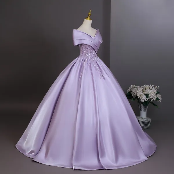Elegant Lavender Beading Sequins Prom Dresses 2026 Ball Gown Off-The-Shoulder Short Sleeve Backless Floor-Length / Long Formal Dresses