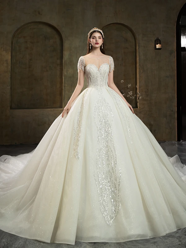High-end Ivory Beading Pearl Rhinestone Sequins Wedding Dresses 2022 Ball Gown Scoop Neck Short Sleeve Backless Royal Train Wedding
