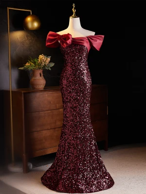 Scintillantes Bordeaux Paillettes Robe De Soirée 2024 Trompette Sirène De L Épaule Manches Courtes Dos Nu Longue Soirée Robe De Ceremonie