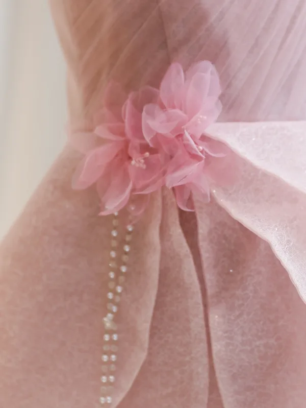 Modest / Simple Blushing Pink Appliques Short Birthday Flower Girl Dresses 2024 A-Line / Princess One-Shoulder Sleeveless Backless Tulle