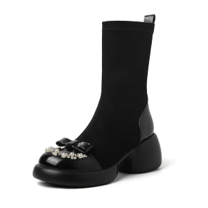 Fashion Black Street Wear Pearl Rhinestone Bow Womens Boots 2024 Leather 7 Cm Block Heels Round Toe Boots