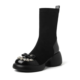 Fashion Black Street Wear Pearl Rhinestone Bow Womens Boots 2024 Leather 7 Cm Block Heels Round Toe Boots