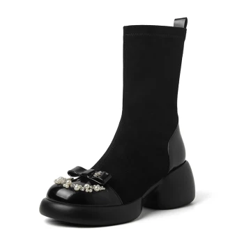 Mode Zwarte Straatkleding Parel Rhinestone Strik Dames Laarzen 2024 Leer 7 Cm Blokhak Ronde Neus Laarzen