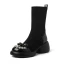 Fashion Black Street Wear Pearl Rhinestone Bow Womens Boots 2024 Leather 7 cm Block Heels Round Toe Boots