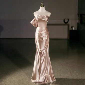 Sexy Champagner Abendkleider 2025 Meerjungfrau Bandeau Ärmellos Rückenfreies Lange Abend Festliche Kleider