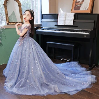 Chic Belle Bleu Perlage Paillettes En Dentelle Fleur Soirée Robe Ceremonie Fille 2022 Robe Boule Encolure Dégagée Manches Courtes Tribunal Train Robe Ceremonie Fille