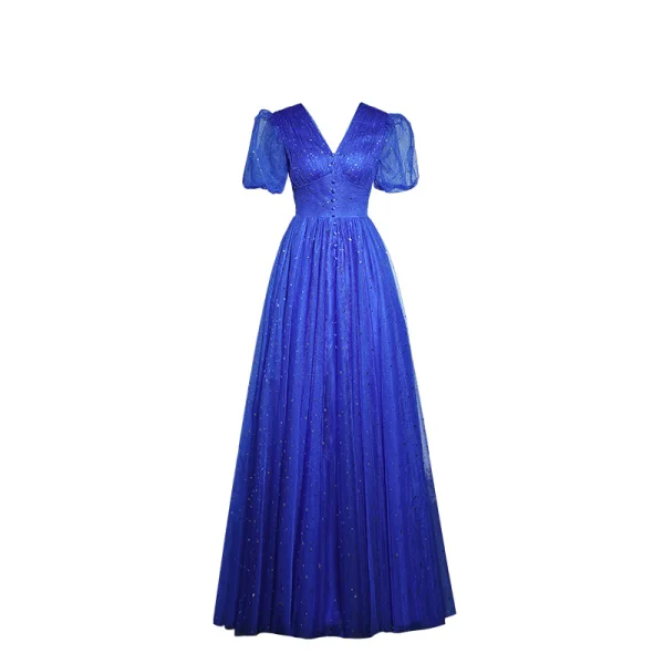 Vintage / Originale Bleu Roi Paillettes Robe De Bal 2023 Princesse V-Cou Manches Courtes Dos Nu Longue Promo Robe De Ceremonie