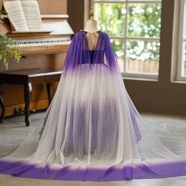 Vintage Violett Perle Pailletten Geburtstag Mit Umhang Blumenmädchenkleider 2025 Ballkleid Rundhalsausschnitt Kurze Ärmel Rückenfreies Lange