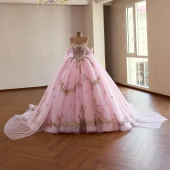 Haut De Gamme Fantaisiste Rougissant Rose Perlage En Dentelle Fleur Paillettes Robe De Bal 2026 Robe Boule Bustier Sans Manches Dos Nu Noeud Tribunal Train