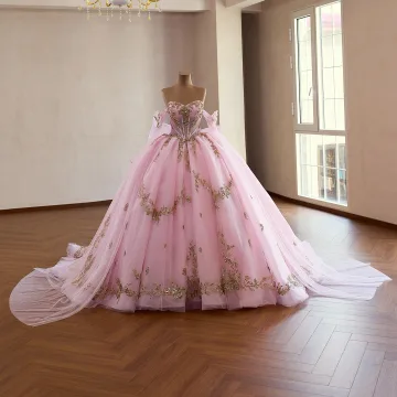 High End Whimsical Blushing Pink Beading Lace Flower Sequins Prom Dresses 2026 Ball Gown Strapless Sleeveless Backless Bow Court Train