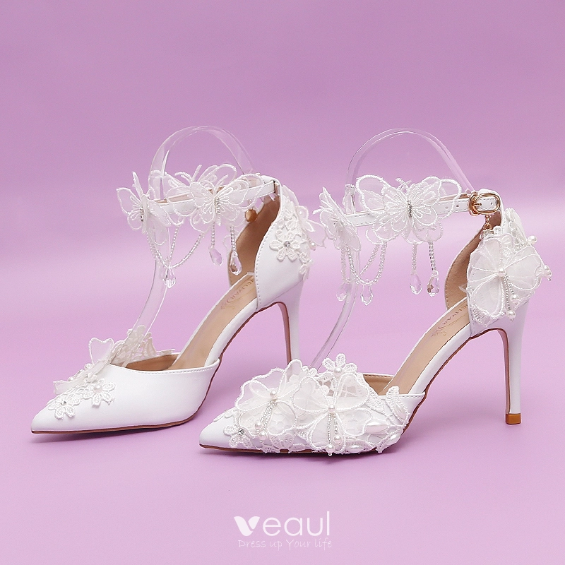 Tacón Alto Zapatos Boda Marfil Zapatos De Novia Tacón Alto 34 Encaje Blanco Marfil Con Perlas Tallas 5 A 11 Mujer 444070