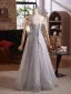 Sparkly Grey Beading Appliques Sequins Prom Dresses 2025 A-Line / Princess Off-The-Shoulder Short Sleeve Backless Floor-Length / Long Formal Dresses