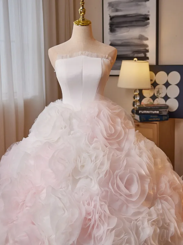 Flower Fairy White Rose Ball Gown Wedding Dresses 2025 Cascading Ruffles Ball Gown Strapless Sleeveless Backless Sweep Train
