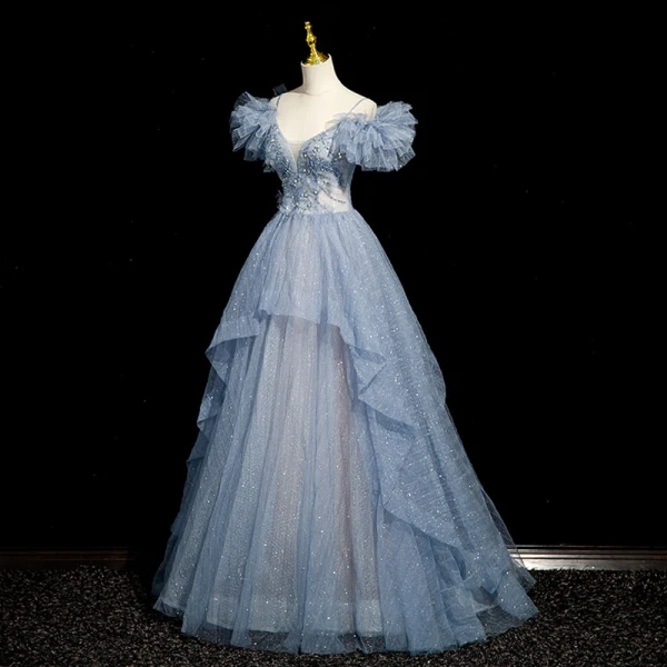 Bling Bling Himmelblau Perlenstickerei Strass Pailletten Ballkleider 2023 A Linie Spaghettiträger Rüschen Kurze Ärmel Rückenfreies Lange Ball Festliche Kleider