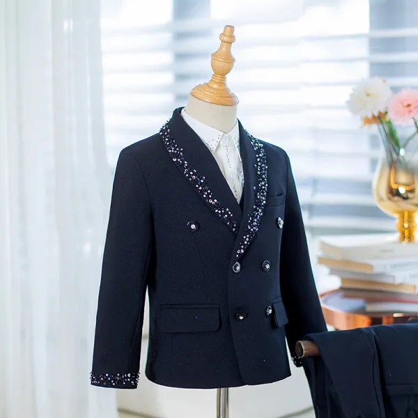 Bleu Marine Paillettes 4 pièces Manches Longues Costume Garçon Mariage 2025 Manteau Pantalon Chemise Gilet Mariage