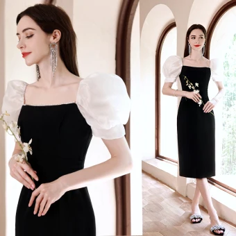 Fashion Black Pearl Homecoming Graduation Dresses 2022 Square Neckline Backless Puffy Short Sleeve Tea Length Formal Dresses