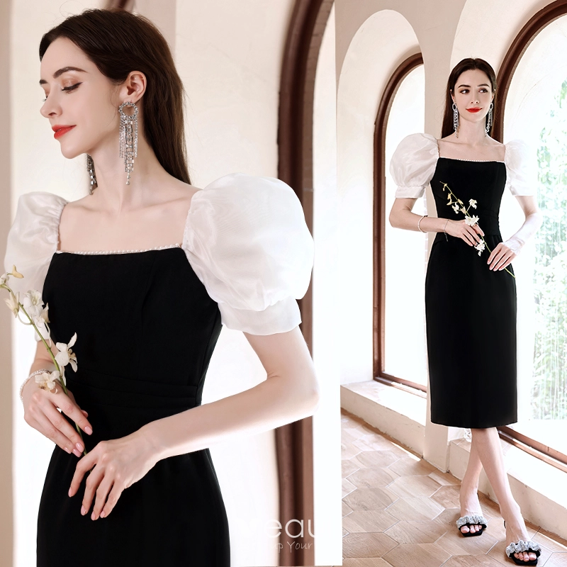 Fashion Black Pearl Homecoming Graduation Dresses 2022 Square Neckline Backless Puffy Short Sleeve Tea-length Formal Dresses Fashion Black Pearl Homecoming Graduation Dresses 2022 Square Neckline Backless Puffy Short Sleeve Tea-length Formal Dresses