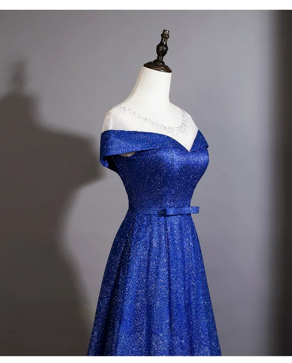 Vintage / Retro Royal Blue Gradient-Color Sequins Evening Dresses 2026 A-Line / Princess Scoop Neck Short Sleeve Backless Bow Sash