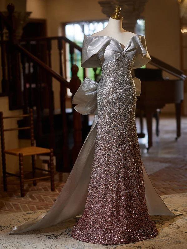Fashion Sparkly Gradient-Color Beading Sequins Evening Dresses 2024 Trumpet / Mermaid Off-The-Shoulder Short Sleeve Backless Bow Floor-Length / Long Evening Party Formal Dresses