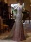 Fashion Sparkly Gradient-Color Beading Sequins Evening Dresses  2024 Trumpet / Mermaid Off-The-Shoulder Short Sleeve Backless Bow Floor-Length / Long Evening Party Formal Dresses