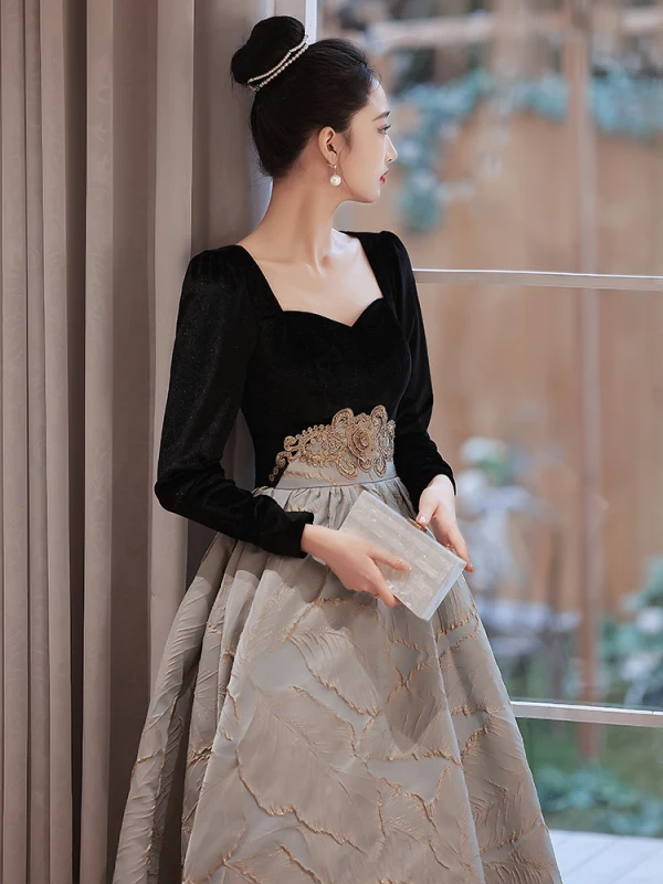 Chic / Beautiful Black Suede Prom Dresses 2022 A-Line / Princess Square Neckline Rhinestone Long Sleeve Floor-Length / Long Formal Dresses