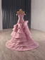 High-end Unusual Blushing Pink Cascading Ruffles Prom Dresses 2025 Ball Gown Off-The-Shoulder Short Sleeve Backless Sweep Train Formal Dresses