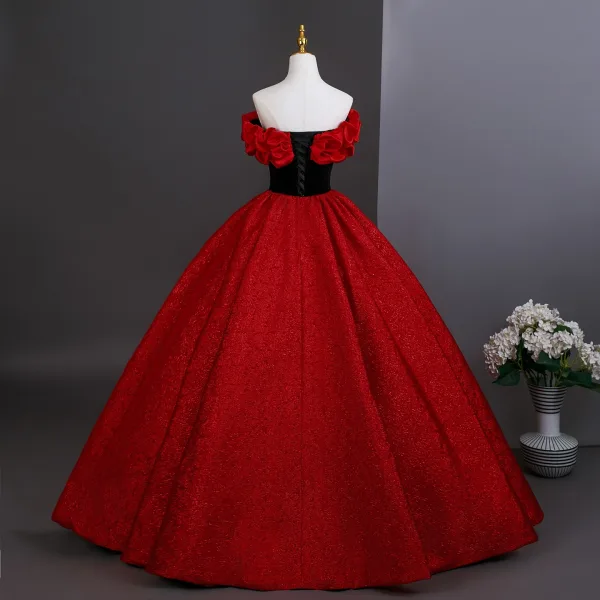 Vintage / Retro Red Prom Dresses 2025 Ball Gown Ruffle Strapless Sleeveless Backless Floor-Length / Long Formal Dresses