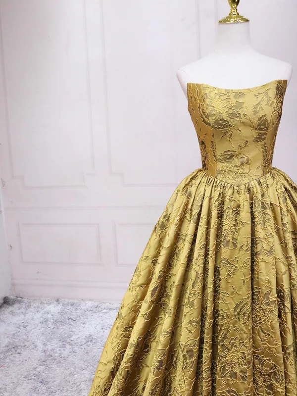 Vintage / Retro Gold Printing Prom Dresses 2025 Ball Gown Strapless Sleeveless Backless Floor-Length / Long Prom Formal Dresses