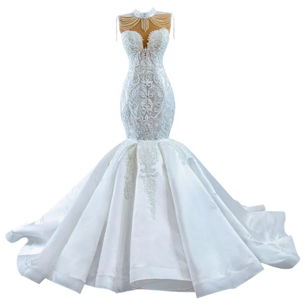 High-end White Trumpet / Mermaid Wedding Dresses 2022 High Neck Sleeveless Beading Rhinestone Tassel Pearl Lace Flower Chapel Train Wedding