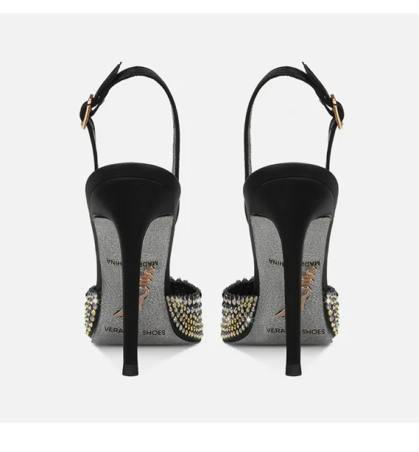Sexy Black Gold Rhinestone Evening Party Womens Sandals 2024 10 cm Stiletto Heels Pointed Toe Sandals High Heels