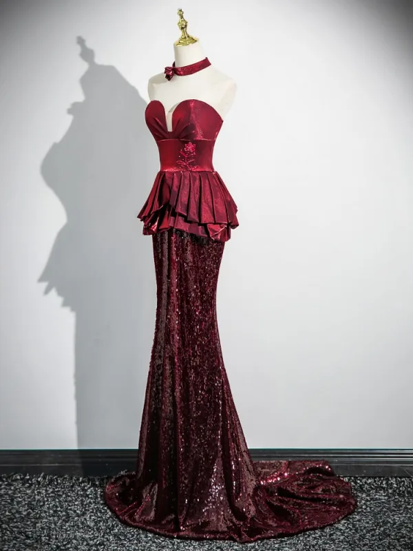 Sexy Bordeaux Paillettes Trompette / Sirène Robe De Bal 2024 Bustier Manches Courtes Dos Nu Train De Balayage Promo Robe De Ceremonie