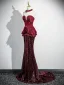 Sexy Bordeaux Paillettes Trompette / Sirène Robe De Bal 2024 Bustier Manches Courtes Dos Nu Train De Balayage Promo Robe De Ceremonie