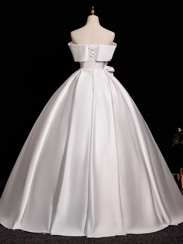 Elegant White Satin Flower Prom Dresses 2025 Ball Gown Off-The-Shoulder Short Sleeve Backless Floor-Length / Long Prom Formal Dresses