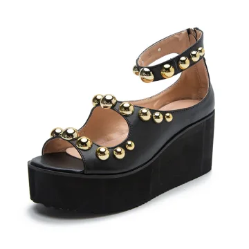 Roman Vintage Retro Black Casual Rivet Womens Sandals 2022 Waterproof Ankle Strap 8 Cm Wedges Open Peep Toe Sandals High Heels