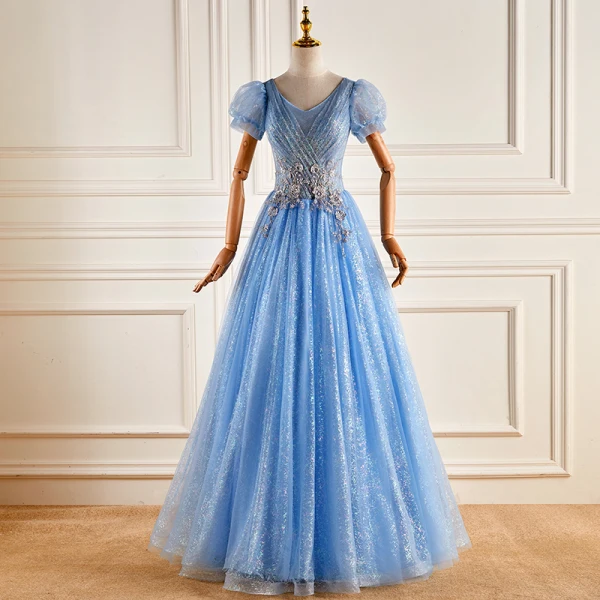 Elegant Pool Blue Lace Flower Sequins Prom Dresses 2022 Ball Gown V-Neck Short Sleeve Backless Floor-Length / Long Prom Formal Dresses