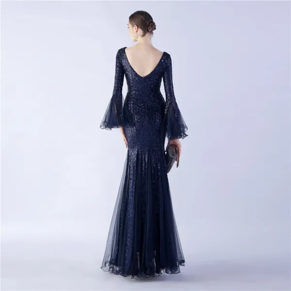 Sparkly Black Sequins Evening Dresses 2024 Trumpet / Mermaid V-Neck Bell sleeves Backless Floor-Length / Long Evening Party Formal Dresses