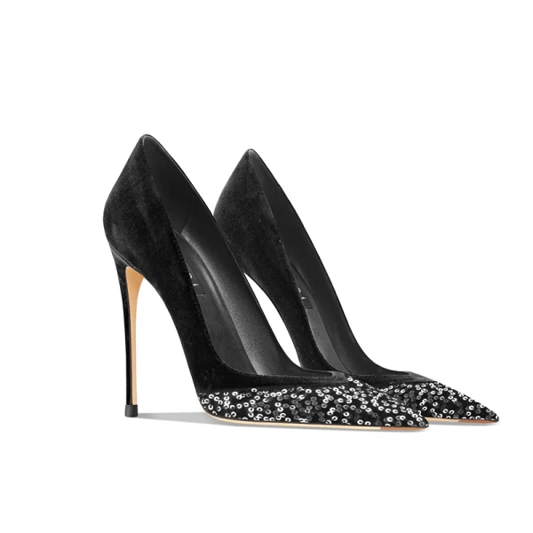 Charmant Noire Daim Paillettes Soirée Escarpins 2024 Cuir 10 cm Talons Aiguilles À Bout Pointu Escarpins Talons Hauts