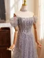 Charming Silver Grey Beading Sequins Prom Dresses 2024 A-Line / Princess Off-The-Shoulder Short Sleeve Backless Floor-Length / Long Prom Formal Dresses