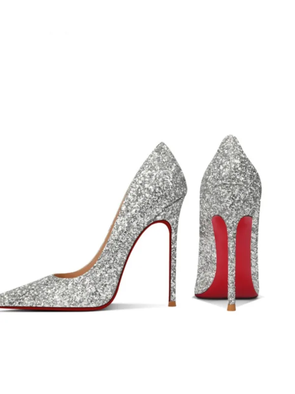 Bling Bling Argenté Paillettes Semelle Rouge Soirée Escarpins 2023 Cuir 10 cm Talons Aiguilles À Bout Pointu Escarpins Talons Hauts