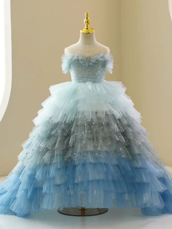 Fashion Multi-Colors Sky Blue Cascading Ruffles Sequins Birthday Flower Girl Dresses 2023 Ball Gown Scoop Neck Short Sleeve Court Train Tulle