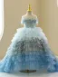Fashion Multi-Colors Sky Blue Cascading Ruffles Sequins Birthday Flower Girl Dresses 2023 Ball Gown Scoop Neck Short Sleeve Court Train Tulle