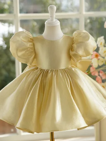 Fashion Gold Short Birthday Flower Girl Dresses 2024 Ball Gown Scoop Neck Puffy Short Sleeve Backless Bow