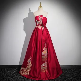 Estilo Chino Borgoña Rebordear Bordado Vestidos De Gala 2024 Satén Ball Gown Sin Tirantes Sin Mangas Sin Espalda Largos Gala Vestidos Formales