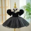 Audrey Hepburn Style Black Birthday Pearl Spotted Flower Girl Dresses 2023 Ball Gown High Neck Puffy Short Sleeve Short
