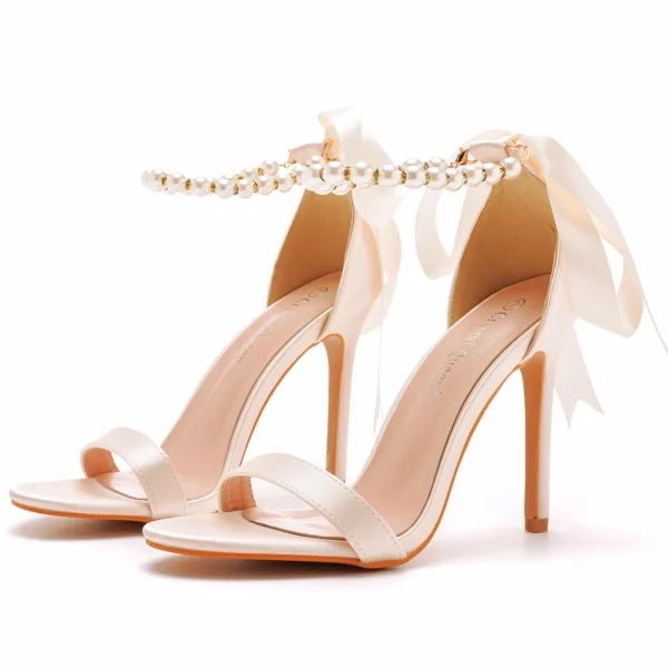 Élégant Blanche Perle Bride Cheville Noeud Soirée Sandales Femme 2023 10 cm Talons Aiguilles Talons Hauts Peep Toes / Bout Ouvert Sandales