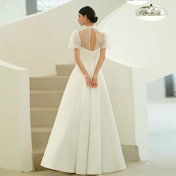 Chic / Beautiful Ivory Prom Dresses 2022 A-Line / Princess High Neck Puffy Short Sleeve Backless Prom Floor-Length / Long Formal Dresses