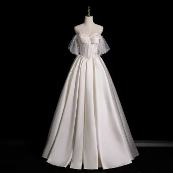 Élégant Blanche Perle Satin Robe De Bal 2026 Princesse Amoureux Sans Manches Dos Nu Longue Robe De Ceremonie